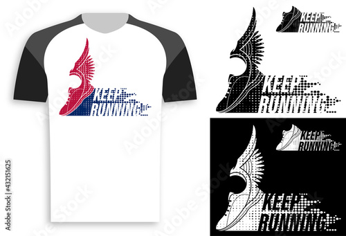 symbol, emblem of sports sneaker and sole, running shoes with wings. Design element, print for clothes. Vector