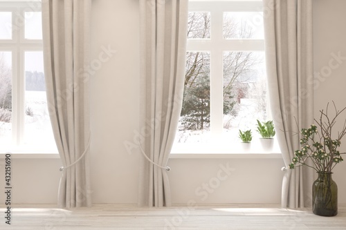 Fototapeta Naklejka Na Ścianę i Meble -  Mock up of empty room in white color with winter landscape in window. Scandinavian interior design. 3D illustration