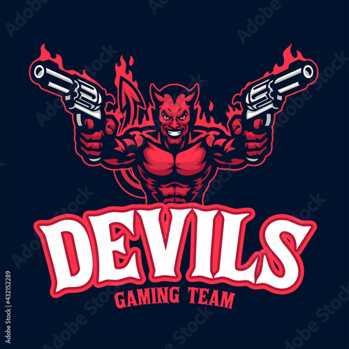 devil mascot character logo with pair of pistols