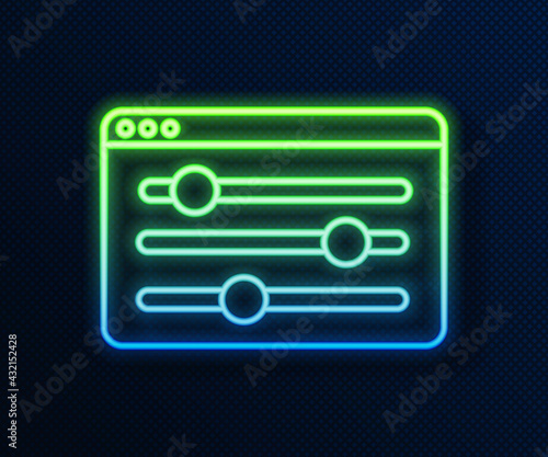 Glowing neon line Browser setting icon isolated on blue background. Adjusting, service, maintenance, repair, fixing. Vector
