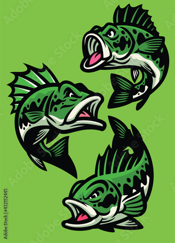 set of angry cartoon largemouth bass fish