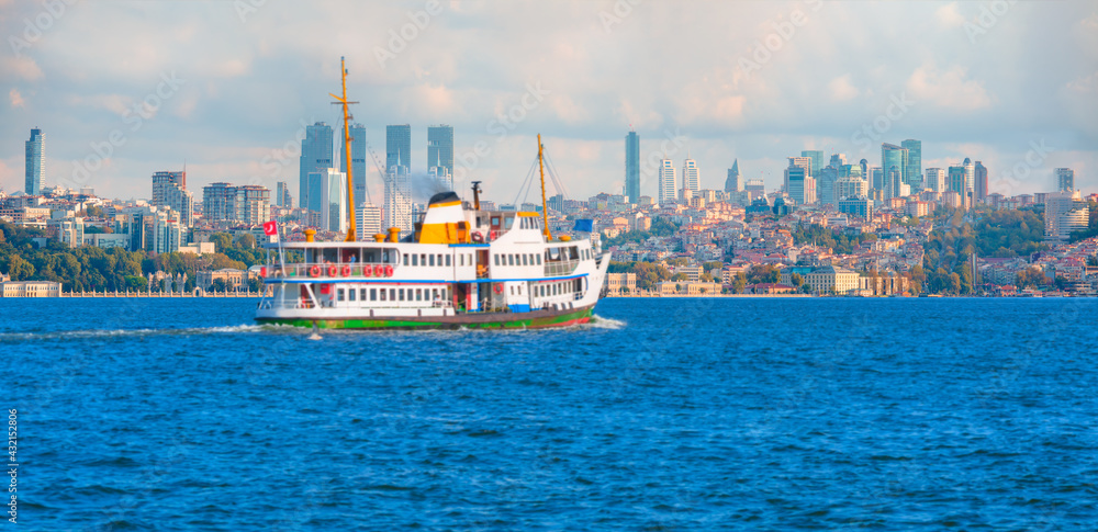Dolmabahce palace against coastal cityscape with modern buildings under cloudy sky - Sea voyage with old ferry (steamboat) on the Bosporus - Istanbul, Turkey 