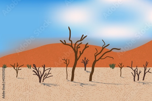 Beautiful desert view with sand dunes, trees, grass and bushes. Bright day light.