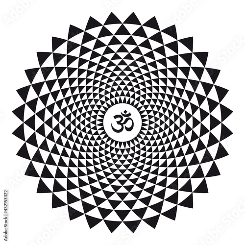 Vector black geometric circular mandala with Om symbol on white background