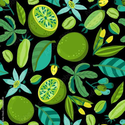 Vector seamless pattern of fresh green leaves and fruits. Bright organic ornament. (ID: 432153658)