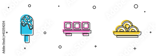 Set Ice cream, Sushi on cutting board and Asian noodles bowl icon. Vector