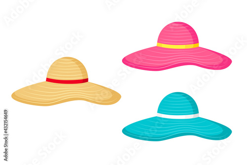 summer straw hat, sun hat set vector illustration isolated