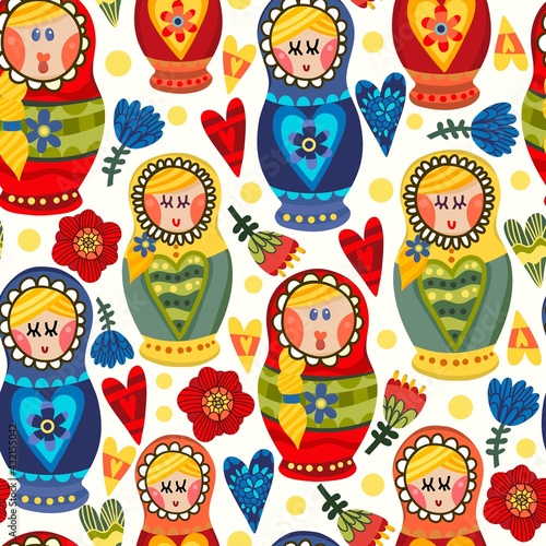 Vector bright seamless pattern of Russian dolls and floral elements. (ID: 432155042)