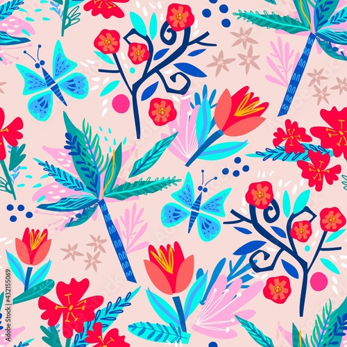 Vector seamless pattern of tulips and tropical flowers. (ID: 432155069)
