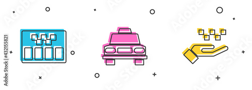 Set Taximeter, car and Hand with taxi icon. Vector