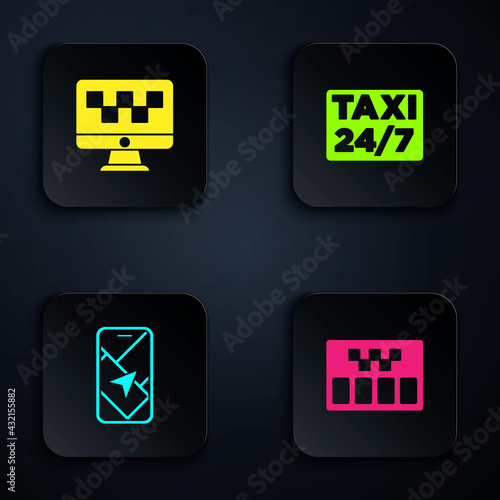 Set Taximeter, Computer call taxi service, City map navigation and Location with. Black square button. Vector