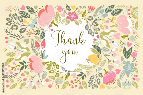 Beautiful greeting card "Thank you". Bright illustration, can be used as creating card,invitation card for wedding,birthday and other holiday and cute summer background. (ID: 432155886)