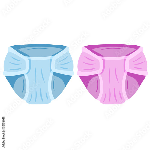 Diaper. Baby pants. Blue and pink hygienic absorbent clothing. Flat cartoon illustration isolated on white