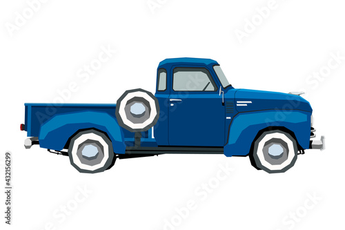 Farm retro pickup drawing. Classic car in cartoon style. Isolated vintage vehicle wall art. Side view. Truck for nursery decor