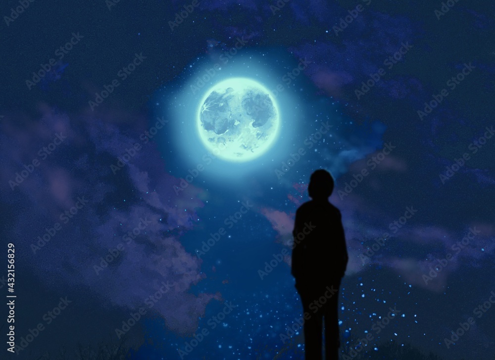 Illustration of a young man looking at starry sky and shining full moon 