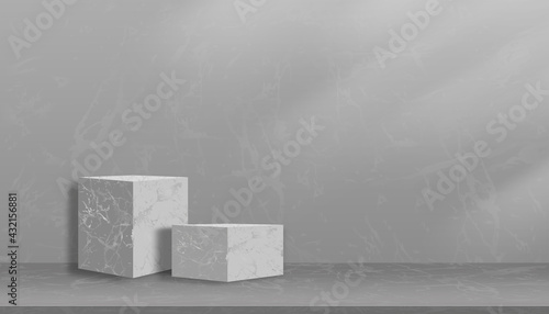 Mockup studio room with Cubes Box in gray marble pattern frame on wall background. อำแะนพ Front view of Gallery Interior with podium in marble texture on floor and wall, Minimal blank room