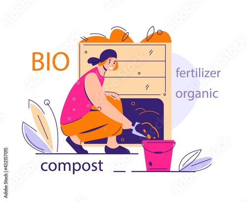 A young woman puts ready-made compost from a compost bin into a bucket. The concept of organic recycling, fertilizer for the garden. vector illustration in flat cartoon style.