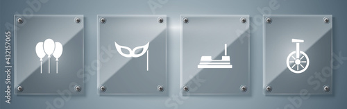 Set Unicycle or one wheel bicycle, Bumper car, Festive mask and Balloons with ribbon. Square glass panels. Vector