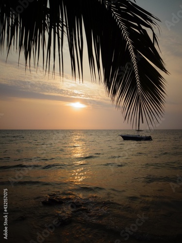 [Madagascar] beautiful sea with silhouette of Palm leaves and boat at sunset in Ifaty