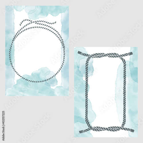 Pre-made design on the marine theme with knots , ropes, watercolor spots and place for text. Vector layout decorative greeting card or invitation design background. Two different options.
