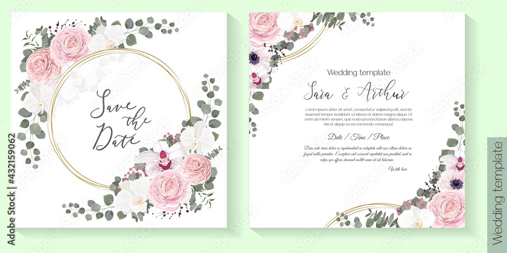 Vector floral template for wedding invitations. Pink roses, white orchids, berries, gypsophila, eucalyptus, round gold frame, green plants and flowers. Postcard for your text.