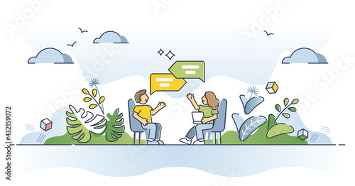 Discussion as talking about conversation topic and speech outline concept. Dialog process and social information exchange vector illustration. Opinion share or psychological therapy participant scene.