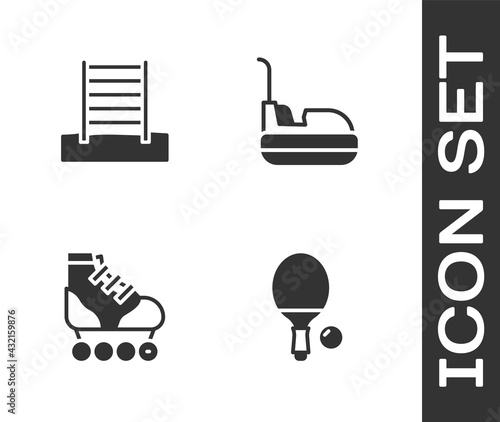 Set Racket and ball, Swedish wall, Roller skate and Bumper car icon. Vector