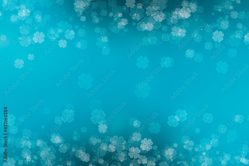 Abstract bokeh Background with blue colour on four leaf clovers theme,good luck charm symbol.