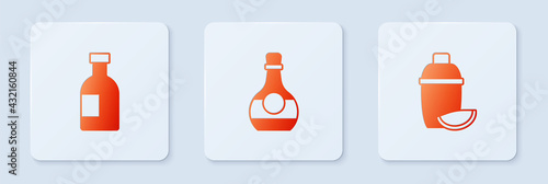 Set Bottle of cognac or brandy, Glass bottle vodka and Cocktail shaker with lime. White square button. Vector