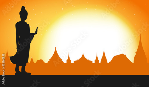 Happy vesak day with Buddha Standing under bodhi tree on full moon night, buddha purnima in Visakha Puja day, Buddhist holiday concept banner the temple background vector design vector illustration.