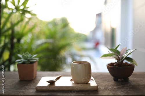 Wooden bamboo cup and plate and wooden spoon with cactus plant pot on table