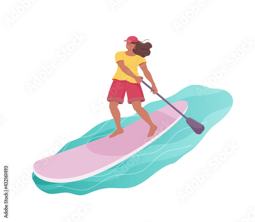 Standing cartoon woman is paddling with paddle board on the water. Sup boarding outdoor activity. Vector isolated colorful illustration in flat style. 