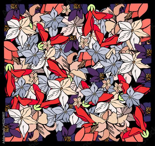 Pop art layered random pattern of flower heads. Background of comic book and cartoon style flowers.