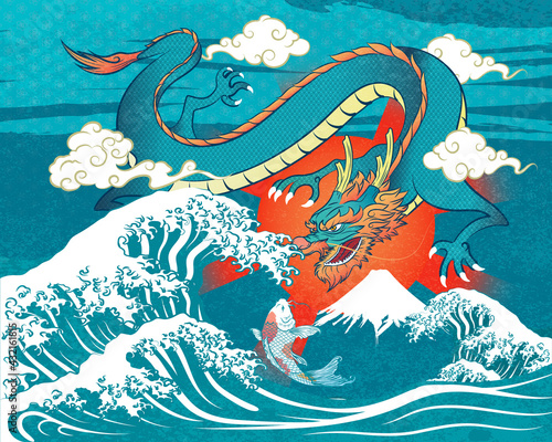 Abstract Art Blue Dragon Flying up Above Two Japanese Torrential Wave, Red Sun with Water Splash and Golden Clouds and Fuji Mountain On Blue Background with Sakura Repeat Pattern Vector Graphics