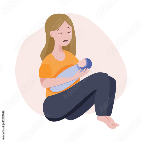 woman with depression and various mental health problems. Postpartum depression concept. Sad young woman with a baby in her hands. Vector flat cartoon illustration photo