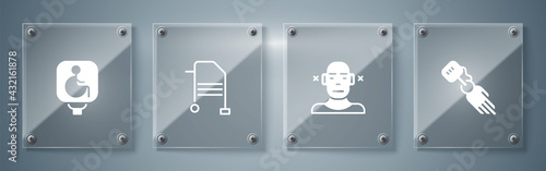 Set Prosthesis hand, Deaf, Walker and Disabled wheelchair. Square glass panels. Vector