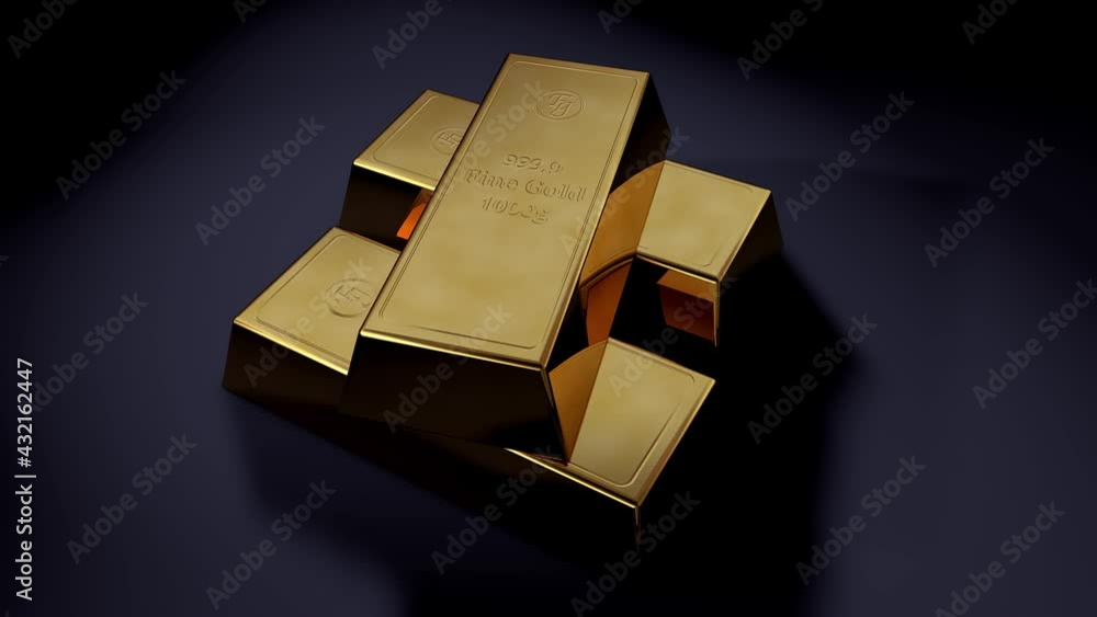 Gold bars in stacked - Three shiny ingots of gold laying in dark room, with beautiful reflection and subtle light. Investment and wealth concept. 3d render animation in 4k. Gold bars in stacked - Three shiny ingots of gold laying in dark room, with beautiful reflection and subtle light. Investment and wealth concept. 3d render animation in 4k.