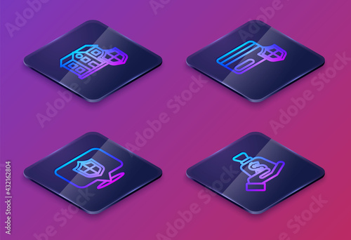 Set Isometric line House with shield, Location, Credit card and Money in hand. Blue square button. Vector