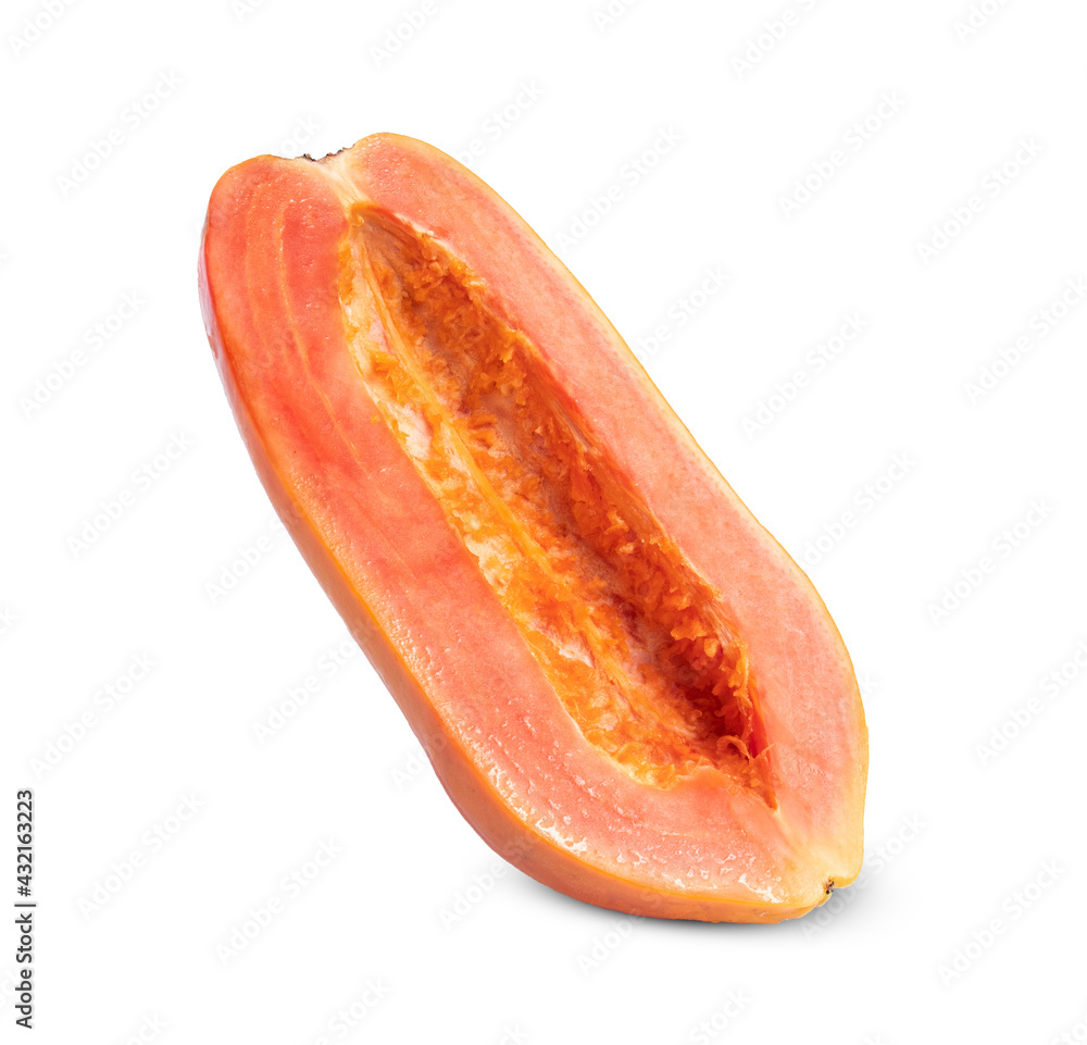 Ripe papaya fruit cut in half isolated on white background. Ripe papaya fruit cut in half isolated on white background.