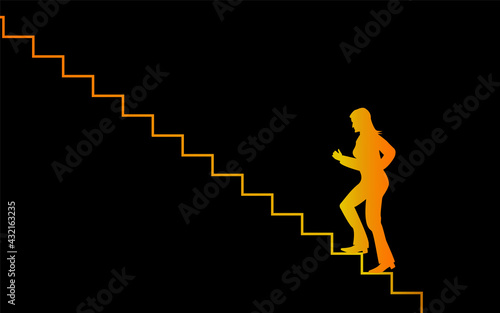 The golden shadow of a woman steps up the stairs with a black background.