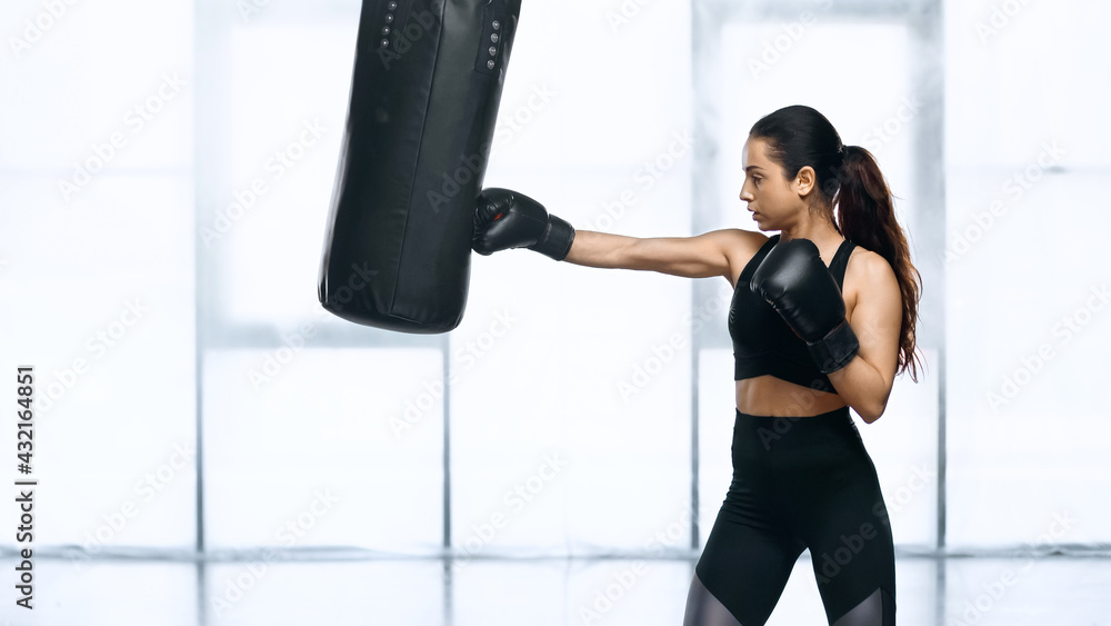 side view of focused sportswoman training with punching bag in gym.