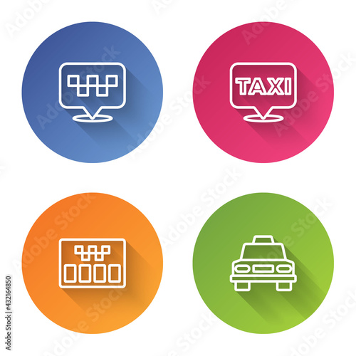 Set line Location with taxi, , Taximeter and car. Color circle button. Vector