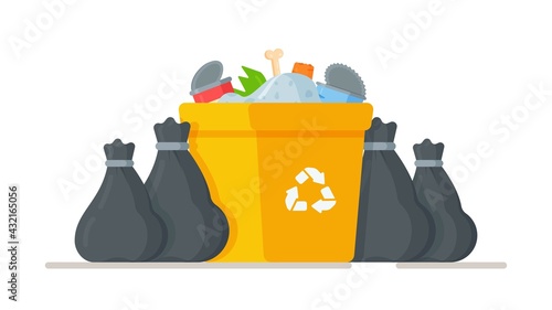 Vector illustration of collecting trash to take to the landfill. Ordering services for trash removal. House cleaning, throwing away old things and toys.