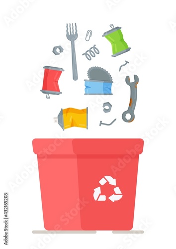 Vector illustration of a trash can garbage can for cans. Red trash can garbage can filled with metal. House and yard cleaning. Ordering services for trash removal.