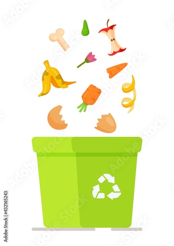 Recycling box. Vector illustration of ordering services for garbage collection, recycling plant. Cartoon trash and food garbage, garbage collection at the landfill for recycling.