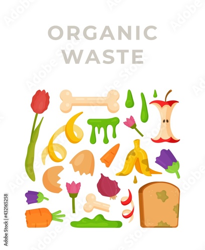 Organic waste. Vector illustration of recycling garbage for fertilizer. Compost pit. Banana skins, mold, cans, preserves, bottles.