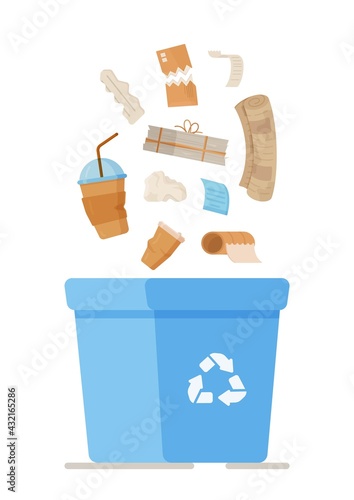 Vector illustration of a paper trash recycling box. Separate recycling garbage can for paper. Collection of paper cups, unwanted documents, receipts and more.