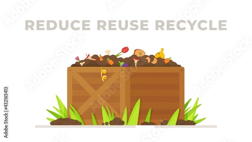 Waste collection for the compost pit. Vector illustration of recycling skins and stumps into fertilizer. Spore junk into compost.
