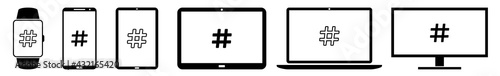 Display hash, tag, hashtag, hashtags, social, media Icon Devices Set | Web Screen Device Online | Laptop Vector Illustration | Mobile Phone | PC Computer Smartphone Tablet Sign Isolated