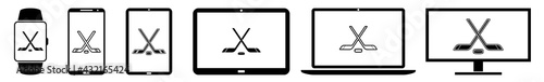 Display hockey, ice, puck, stick, crossed, sport, winter, emblem, team, sport Icon Devices Set | Web Screen Device Online | Laptop Vector Illustration | Mobile Phone | PC Computer Tablet Sign Isolated